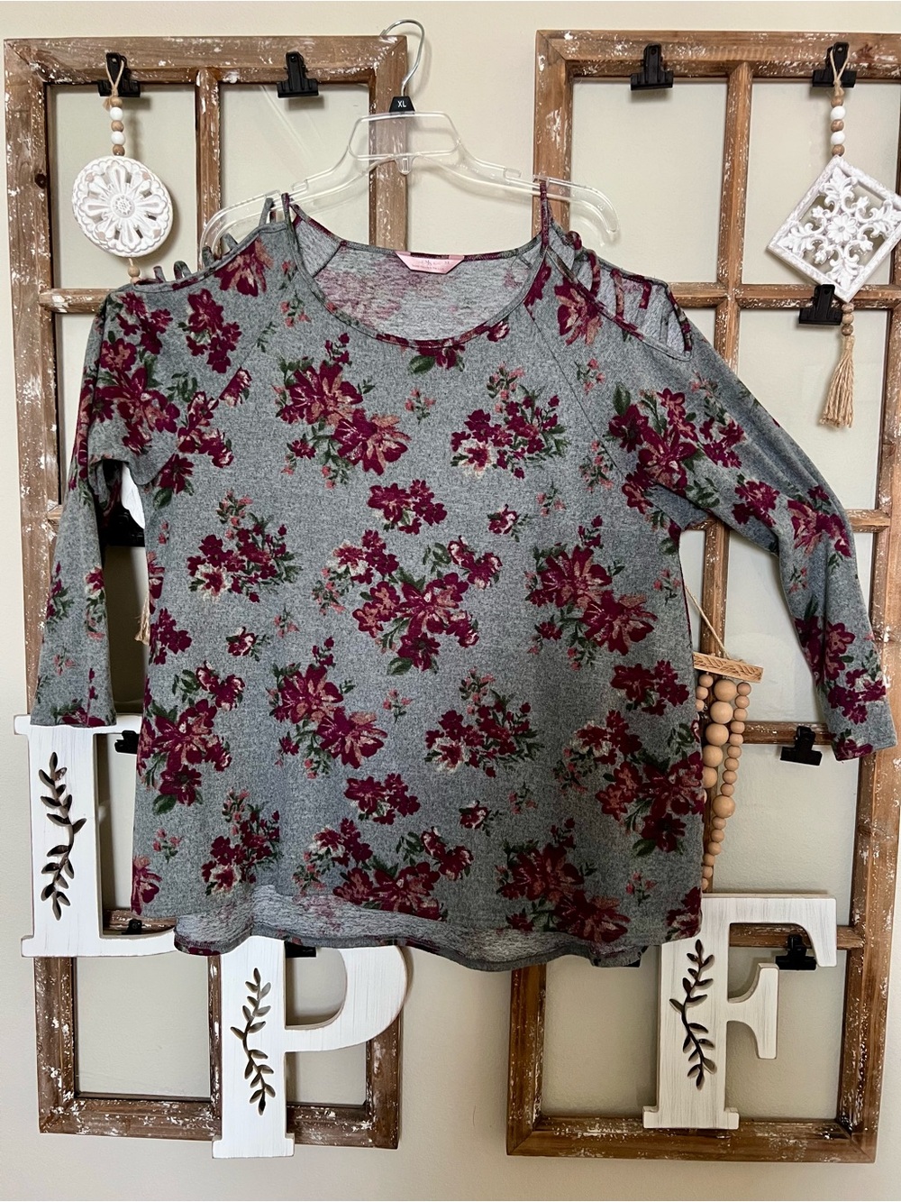 SJS Grey Tunic with Burgundy Floral Print and Cold-Shoulder Detail